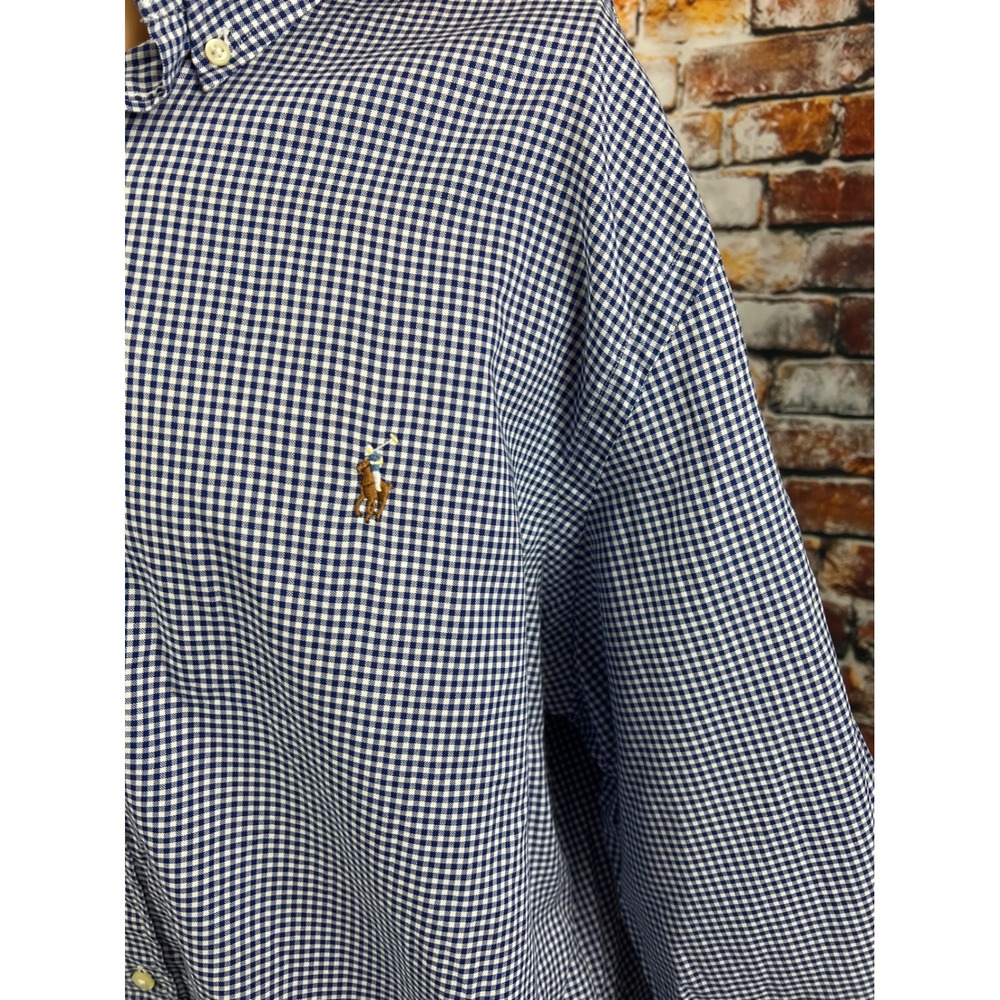 Ralph Lauren Mens Gingham Button Down Shirt Navy Blue White 18 36/37 Cotton - Picture 2 of 6